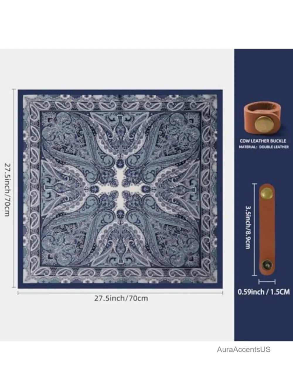 Men's Paisley Bandana Square Scarf Silk Feeling Cowboy Wild Rag with Ring